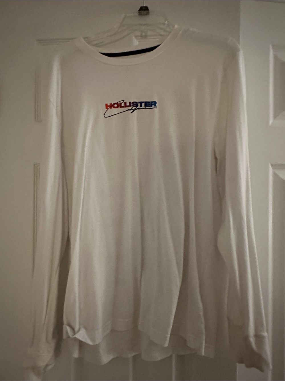 Hollister White Long Sleeve Tee with Red & Blue Logo Grid